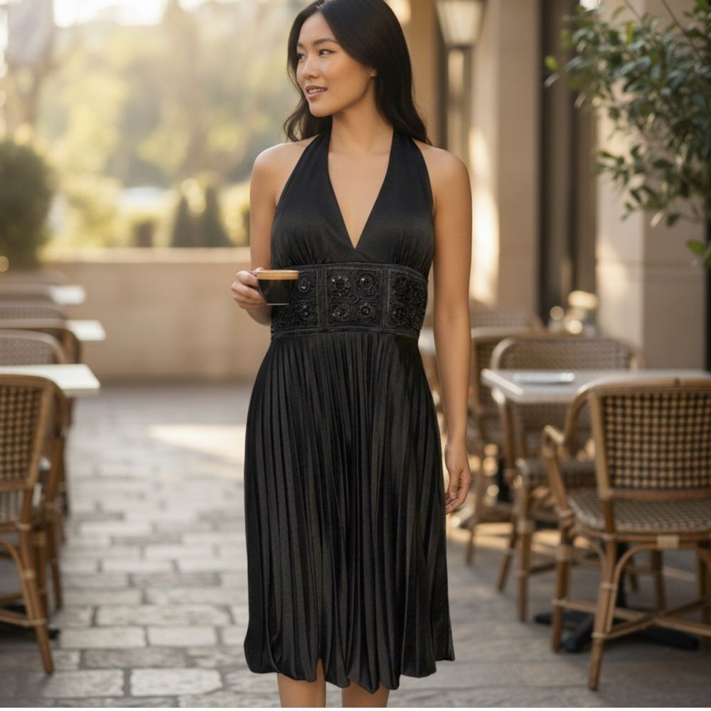 Betsy & Adam Black Halter with Pleated Skirt and Beaded Empire Waist